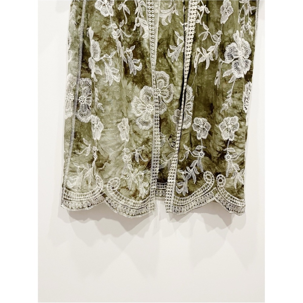 Raj Emery Embroidered Duster Kimono Olive Green White Floral Lace One Size - Picture 5 of 10